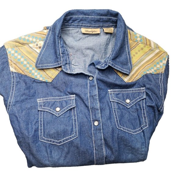 Wrangler M Long Sleeve Shirt Pearl Snap Button Up Denim & Aztec Yoke Shacket - Picture 10 of 11
